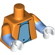 Lego Torso, Dual Molded Arms, Jacket, Open with Gray Belly Print, Orange Sleeves Pattern, Medium Blue Arms, White Hands / Orange