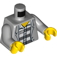 Lego Torso Jacket over Prison Shirt with Buttons and Dark Gray Prison Stripes Print, Light Bluish Gray Arms, Yellow Hands / Light Bluish Gray