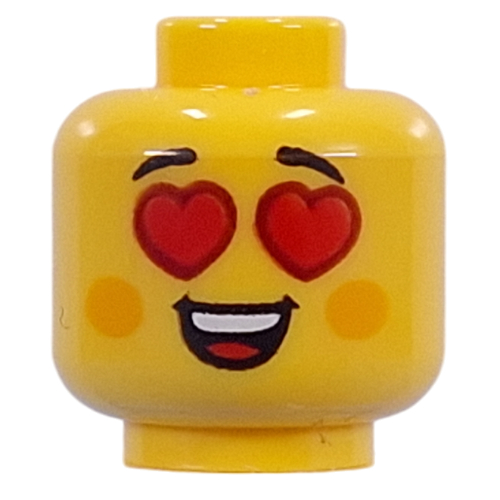Lego Minifig Head Bright Light Orange Cheeks, Neutral Smile / Open Mouth, Red Hearts for Eyes / Yellow