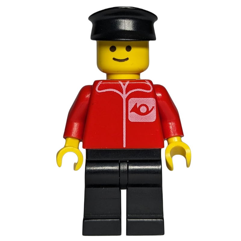 Lego Postal Worker, Red Shirt with Horn Logo, Black Legs, Black Hat (3626a Head)