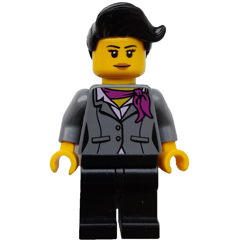 Lego Woman, Dark Bluish Gray Jacket with Magenta Scarf, Black Legs