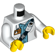 Lego Torso Lab Coat, Belt, Radio, ID Badge, Medium Blue Shirt Print, White Arms, Yellow Hands / White