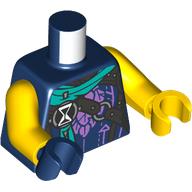 Lego Torso, Dark Turquoise Cloak, Dark Brown Straps, Black/White Hourglass, Lavender Trim print, Odd Hands, Yellow Arms, Left Yellow Hand, Right Dark Blue Hand / Dark Blue