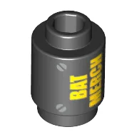 Brick Round 1 x 1 with Yellow 'BAT MERCH' and Silver Screws Print