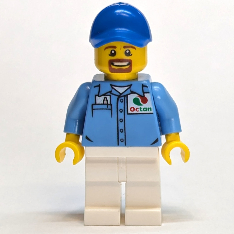 Lego Man, Medium Blue Shirt with Octan Logo, White Legs, Blue Cap, Goatee Beard