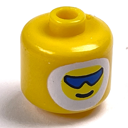 Lego Pen Bead, Round Large, Curved Edges / Cylinder with Minifig Head with Sunglasses, White Fur Hood Print / Yellow