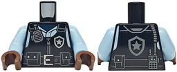 Torso Police Safety Vest, Silver Star Badge Logo, Dark Bluish Gray Radio, Belt with Buckle and Pouches, Bright Light Blue Shirt Pattern / Bright Light Blue Arms / Umber Hands