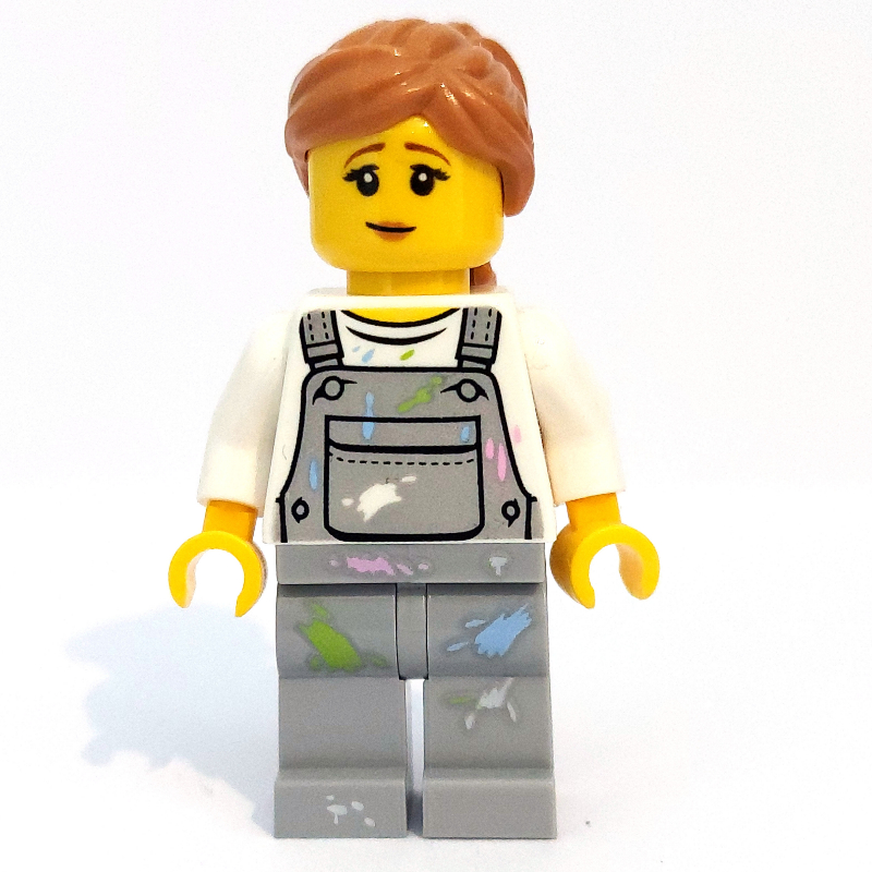 Lego Woman, Light Bluish Gray Overalls with Paint Stains, Medium Nougat Hair
