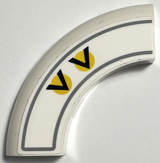 Lego Brick, Round Corner 5 x 5 x 1 without Studs with 2 Black Chevrons / V-Shapes on Yellow Circles and Dark Bluish Gray Border Pattern Model Left Side (Sticker) - Set 75327