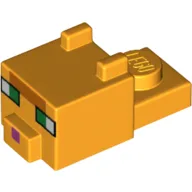 Animal Body Part, Cat Head 1 x 2 with Cube with Ears, Nose and Pixelated Face with Green Eyes and Dark Pink Nose Print (Cat) / Bright Light Orange