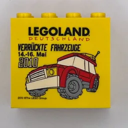 Brick 2 x 4 x 3 with 'LEGOLAND Deutschland Verrückte Fahrzeuge 14.-16. Mai 2010' Print / Yellow