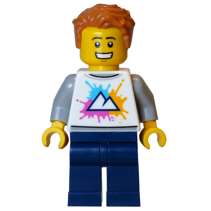 Lego Tourist, White Torso, Dark Blue Legs, Medium Nougat Hair