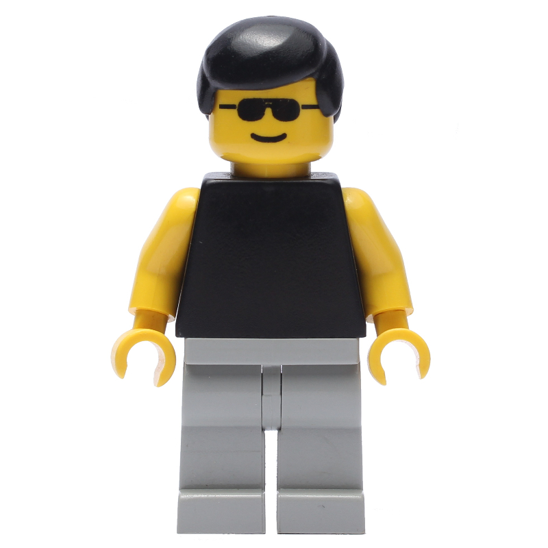 Lego Man, Black Torso with Yellow Arms, Light Gray Legs, Black Hair, Sunglasses