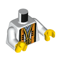 Lego Torso, Robe, Black/Orange Trim, Sand Blue Shirt print, White Arms, Yellow Hands / White