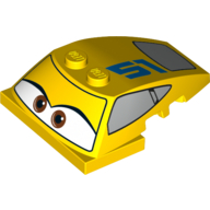 Lego Brick Wedged, Curved 5 x 4 x 1 1/3 with 2 x 4 Base with Brown Eyes, Dark Blue '51' and Windows Print (Cruz Ramirez) / Yellow