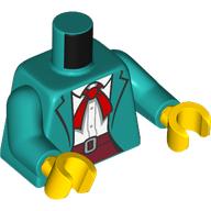 Lego Torso, Jacket, White Shirt, Red Tie/Ribbon/Scarf, Dark Red Pants print, Dark Turquoise Arms, Yellow Hands / Dark Turquoise