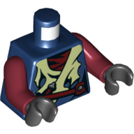 Lego Torso Robes, Tattered with Yellowish Green Edges, Dark Red Belt Print, Dark Red Arms, Black Hands / Dark Blue