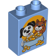 Lego Duplo Brick 1 x 2 x 2 with Dog and Cat with Food Bowl Print / Medium Blue