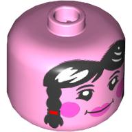 Lego BigFig Head Black Long Hair, Pigtails with Red Bands, Dark Pink Cheeks, Lips print