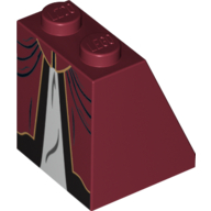 Lego Brick Sloped 65° 2 x 2 x 2 with Bottom Tube with White Inset with Black and Gold Trim Dress Print / Dark Red