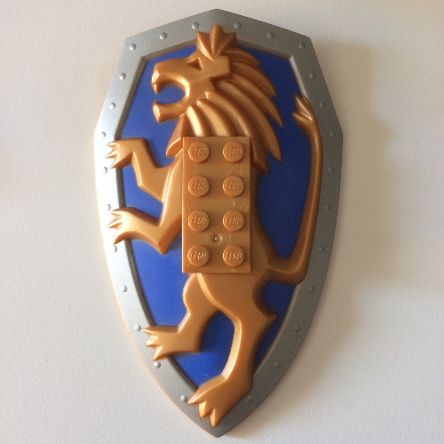 Lego Large Figure Shield, 2 x 4 Brick Relief, Lion with Royal Blue and Silver Print / Reddish Gold