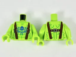 Torso Dark Brown Suspenders with Silver Bullets, Green Muscle and Scale Lines, Blue Skull and Filigree Tattoo Pattern / Lime Arms / Lime Hands