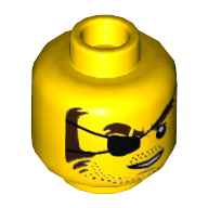Lego Minifig Head Snake Rattler, Eyepatch, Brown Eyebrows, Sideburns, Stubble, Open White Mouth Print / Yellow