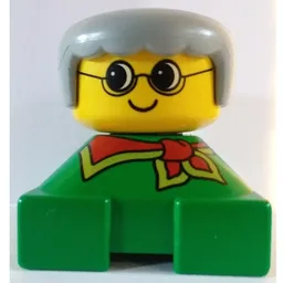Duplo 2 x 2 x 2 Figure Brick, Rounded Bangs, Light Gray Hair, Glasses, Red Scarf Print / Green