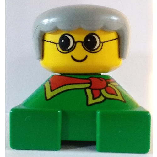 Lego Duplo 2 x 2 x 2 Figure Brick, Rounded Bangs, Light Gray Hair, Glasses, Red Scarf Print / Green