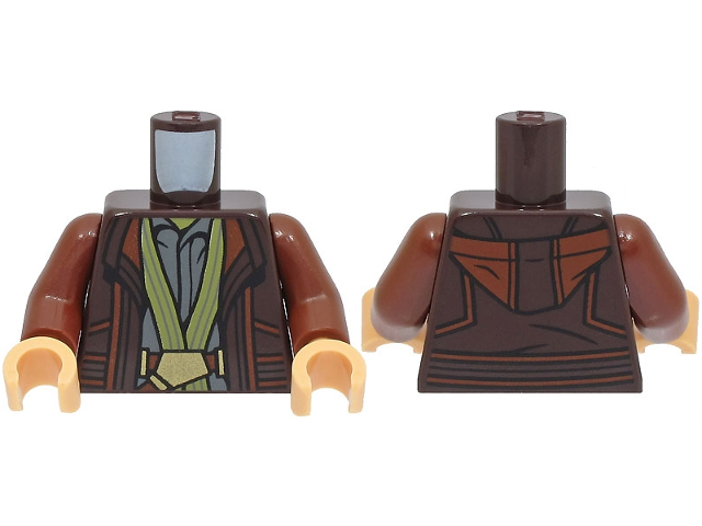 Lego Torso Jacket with Hood, Dark Bluish Gray Shirt, Olive Green Trim, Reddish Brown Belt with Gold Buckle Pattern / Reddish Brown Arms / Medium Tan Hands