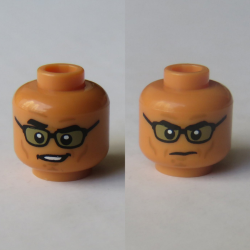 Lego Minifig Head Ian Malcolm, Glasses, Angry with Mouth Closed / Smirk with Raised Eyebrow Print / Nougat