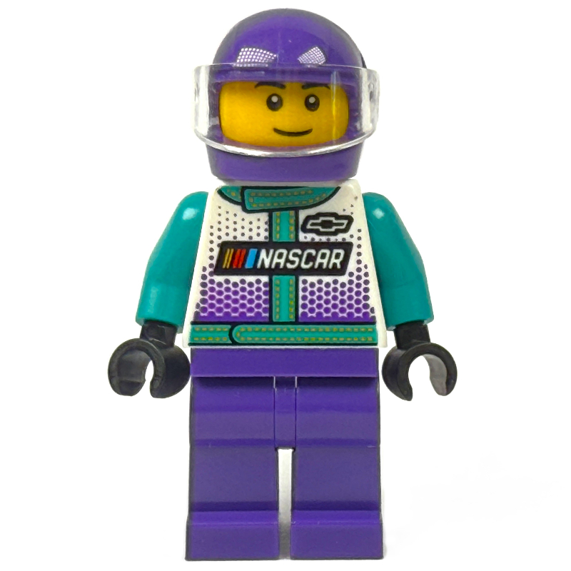 Lego Race Driver, Dark Turquoise, White, and Dark Purple Race Suit, Dark Purple Helmet