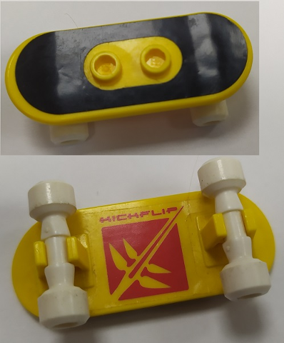Lego Minifigure, Utensil Skateboard with Mag Wheel Holders and White Mag Wheels with Black Surface and Red 'KICKFLIP' and Skate Pattern (Stickers) - Set 3537