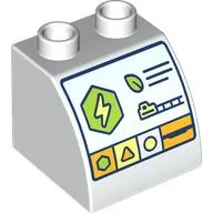 Duplo Brick 2 x 2 x 1 1/2 with Curved Top, Control Screen, Lightning Bolt, Leave, train, Shapes Print / White