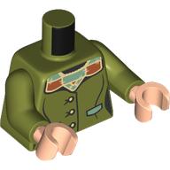 Lego Torso, Jacket, Buttons, Sand Green/Dark Orange Stitched Collar print, Olive Green Arms, Light Nougat Hands / Olive Green