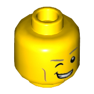Lego Minifig Head Lance, Dual Sided, Dark Tan Eyebrows, Cheek Lines, Smile with Right Eye Closed / Smile with Teeth Print [Hollow Stud] / Yellow