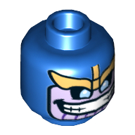 Lego Minifig Head Thanos, Balaclava, Lavender Face, Gold Metal Wing-Shaped Visor, Blue Eyes, Wide Mouth with Teeth Print / Blue