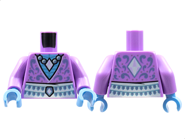 Lego Torso Deep V-Neck, Medium Blue Chest, Pearl Diamond Necklace, Metallic Light Blue Filigree, White Sash Pattern / Medium Lavender Arms / Medium Blue Hands