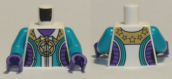 Lego Torso Female Jacket with Gold Zipper, Stars, Dark Turquoise and Dark Purple Stripes Pattern / Dark Turquoise Arms / Dark Purple Hands