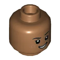 Minifig Head, Eyebrows, Eyelashes, Freckles, Smirk Showing Teeth / Sad Print / Medium Nougat