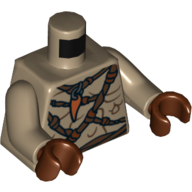Lego Torso Bare Chest with Body Lines, Ropes and Amulet Print, Dark Tan Arms, Reddish Brown Hands / Dark Tan