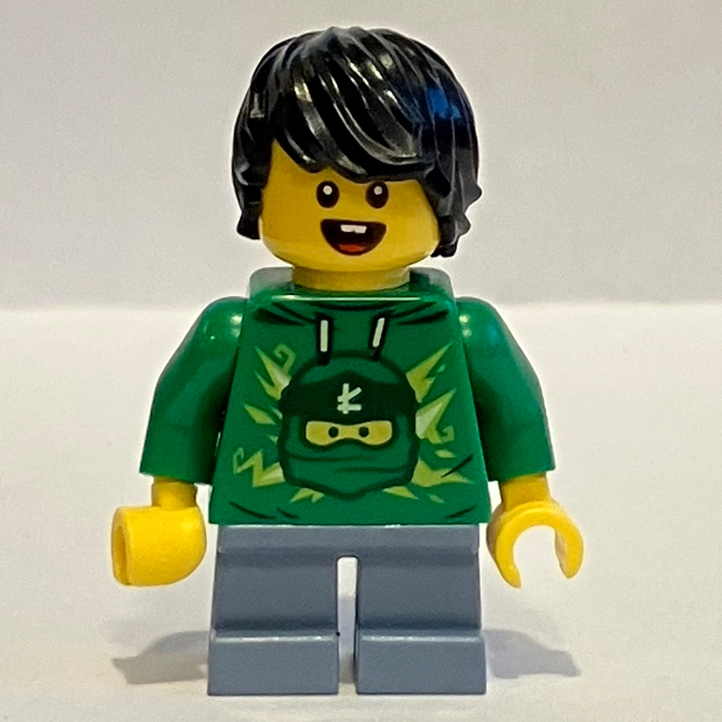Lego Kid - Green Torso, Sand Blue Legs, Black Hair