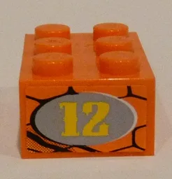 Brick 2 x 3 with Yellow '12' in Light Bluish Gray Oval on Snakeskin Background Pattern on End Model Right Side (Sticker) - Set 8158