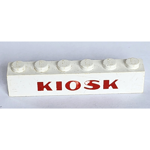 Lego Brick 1 x 6 with 'KIOSK' Sans-Serif Thick Red Print / White