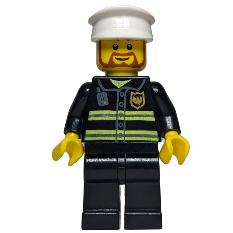 Lego Fireman, Black Fire Jacket with Reflective Stripes, Radio, and Badge, White Hat, Beard