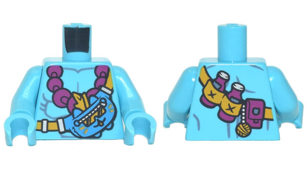 Lego Torso Bare Chest, Magenta Beaded Necklace, Strap with Mo the Cat Pouch, Bottles, and Yarn Bauble Pattern / Medium Azure Arms / Medium Azure Hands