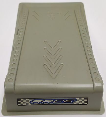 Lego Baseplate, Raised Ramp 17 x 28 x 4 1/2 with White 'RACE' Outlined in Blue on Checkered Background Pattern (Sticker) - Set 8238
