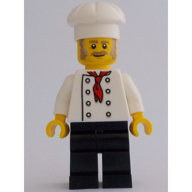 Lego Chef - White Torso, Black Legs, White Hat, Light Bluish Grey Sideburns