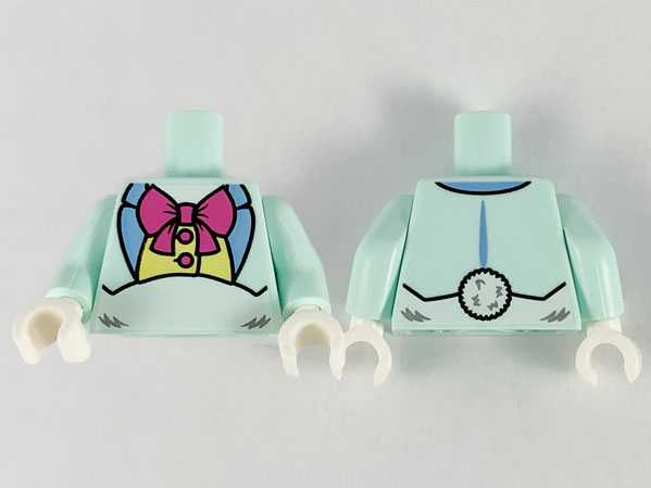 Lego Torso Short Jacket Open with Medium Blue Lapels over Bright Light Yellow Shirt with Buttons, Dark Pink Bow Tie, White Stomach with Fur Pattern / Light Aqua Arms / White Hands