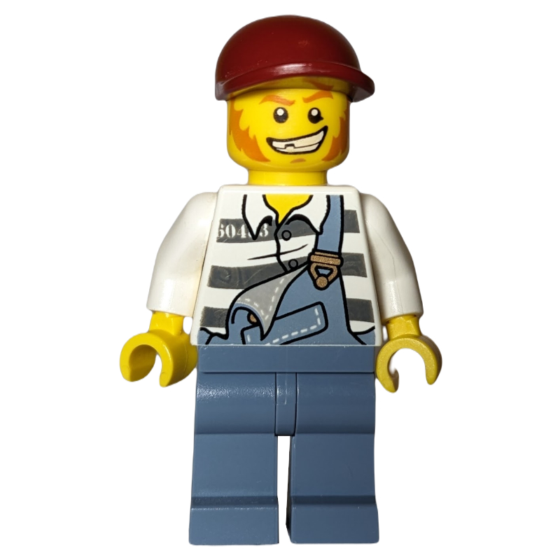 Lego Criminal, Overalls over Prison Shirt, Dark Red Cap